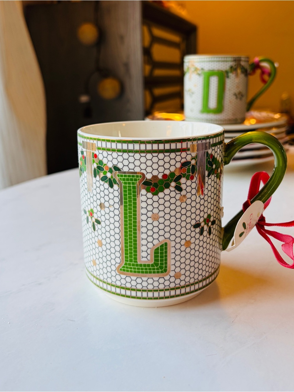 NEW Anthropologie The Bistro Tile Stoneware Monogram Mug Festive Letter L